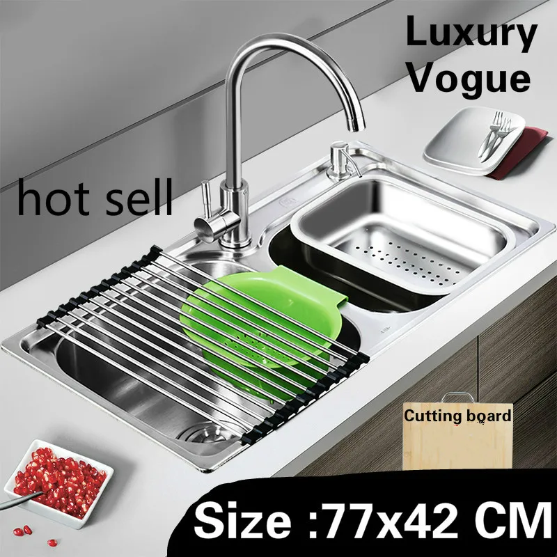 

Free shipping High capacity wash vegetables big common kitchen double groove sink 304 stainless steel 770x420 MM