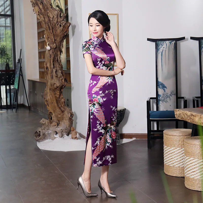 Purple Chinese Female Long Dress Sexy Elegant Qipao Cheongsam Vintage Mandarin Collar Flower Peacock Dress S M L XL XXL 3XL 0157