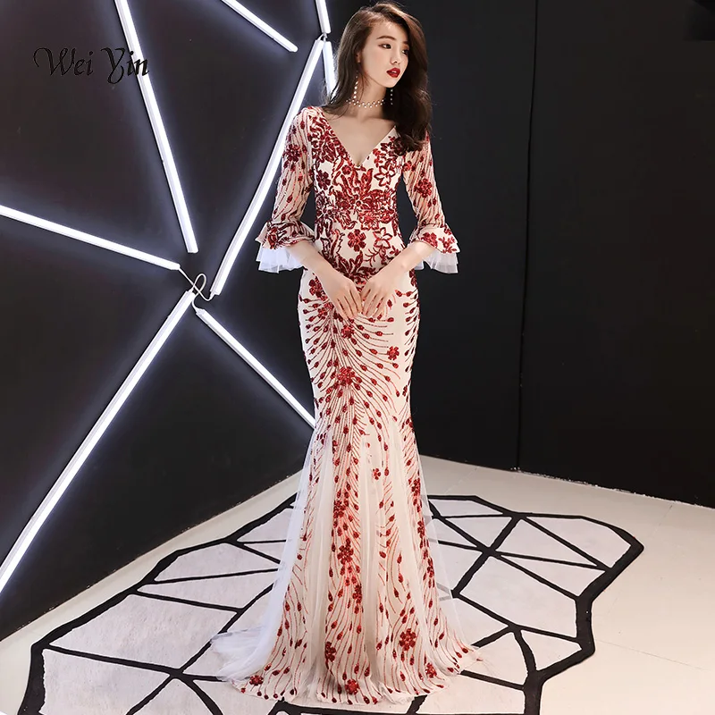 

weiyin 2023 Sexy V Neck Mermaid Evening Gown Half Sleeves Red And White Sequins Long Evening Dresses WY1110