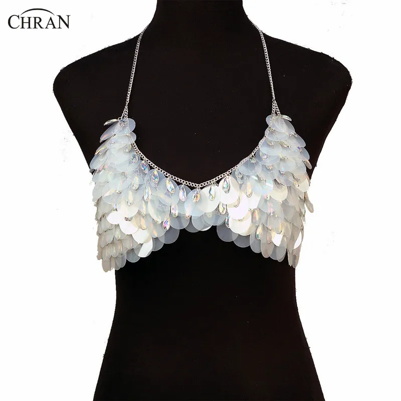 Chran Sequin Chain Bra Festival Jewelry Halter Bralette Necklace Body Chain