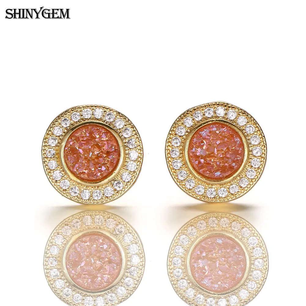 

ShinyGem Fashion Sunflower Crystal Stone Earrings Natural Druzy Stone Stud Earrings Gold Plating Round Zircon Earrings For Women