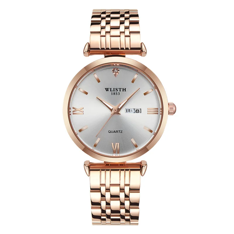 Wlisth – montre-bracelet en acier inoxydable pour hommes et femmes, marque de luxe, or, acier inoxydable, affichage en anglais, Date, horloge à Quartz, décontracté, Business