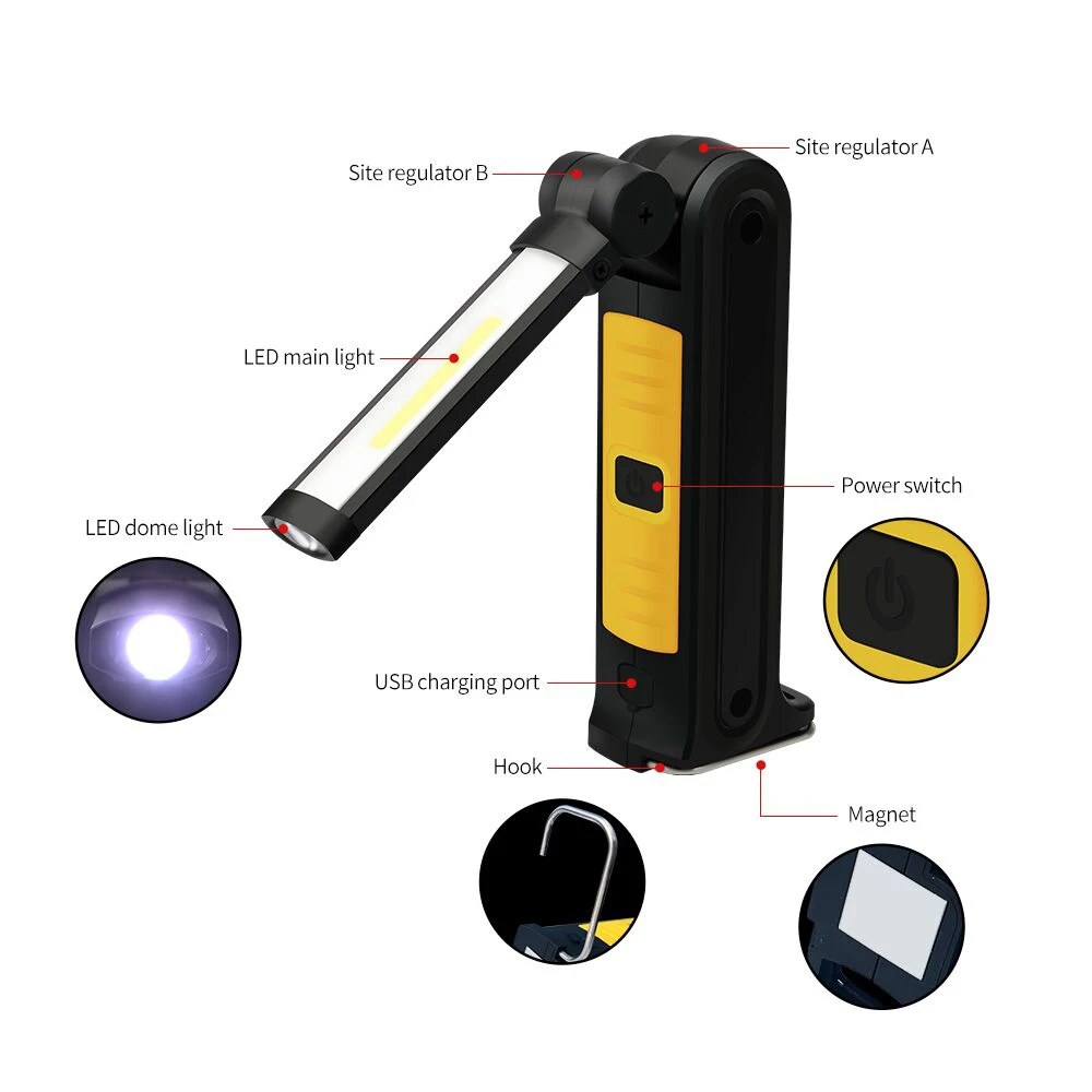 USB Rechargeable COB LED flashlight work light Inspection Light 4 modes Tail magnet design Hanging torch lamp waterproof