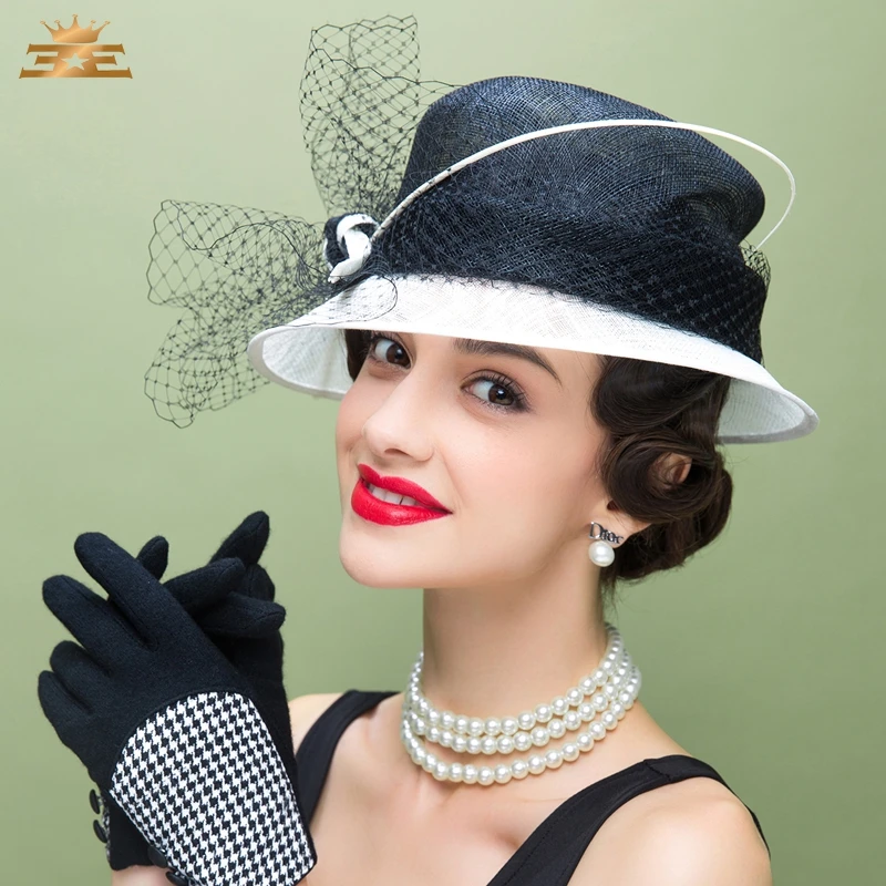 Elegancka kobieta pościel ślub kościelny kapelusz z welony i kwiatów na lato szerokim kapelusz z opadającym rondem panie Kentucky Derby B-8187