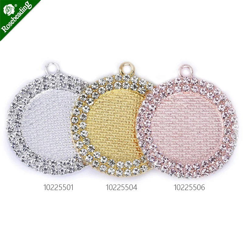 25mm Zinc Alloy Round Pendant Tray with Double Rhinestones Bezel Cabochon Settings Wholesale,sold 10pcs/lot