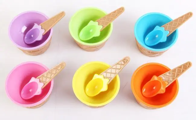 Cute Plastic Ice Cream Bowl With Spoon Eco-Friendly Dessert Bowl Container Set Ice Cream Cup Children Tableware