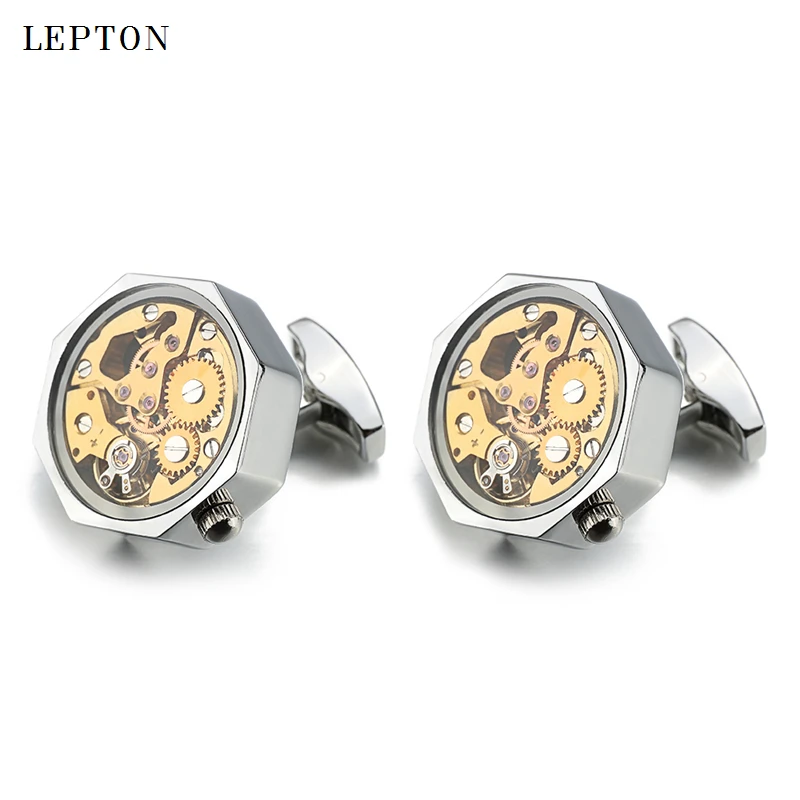 

Newest Gold Watch Movement Cufflinks Lepton Non-Functional Stainless Steel Steampunk Gear Watch Mechanism Cufflink for Men