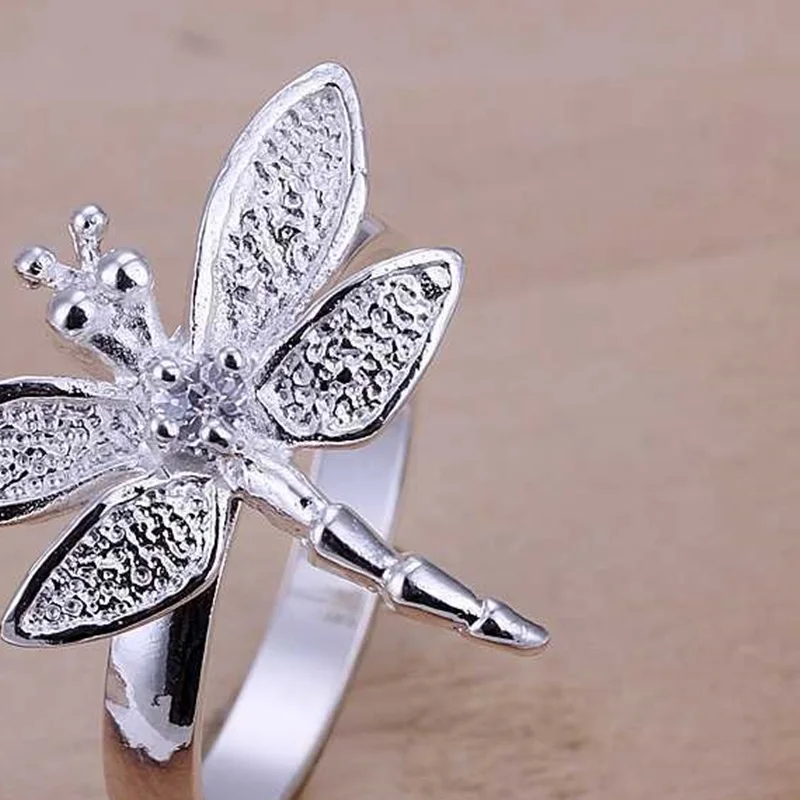 OMHXZJ Wholesale European Fashion Woman Girl Party Wedding Gift Silver Dragonfly AAA Zircon 925 Sterling Silver Ring RR153 image 6