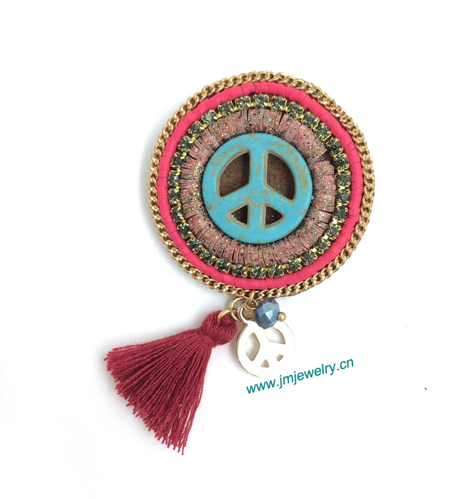 Wholesale Fashion costume jewellery unique handmade vintage brooches with a sign of peace tassel pendants leather back