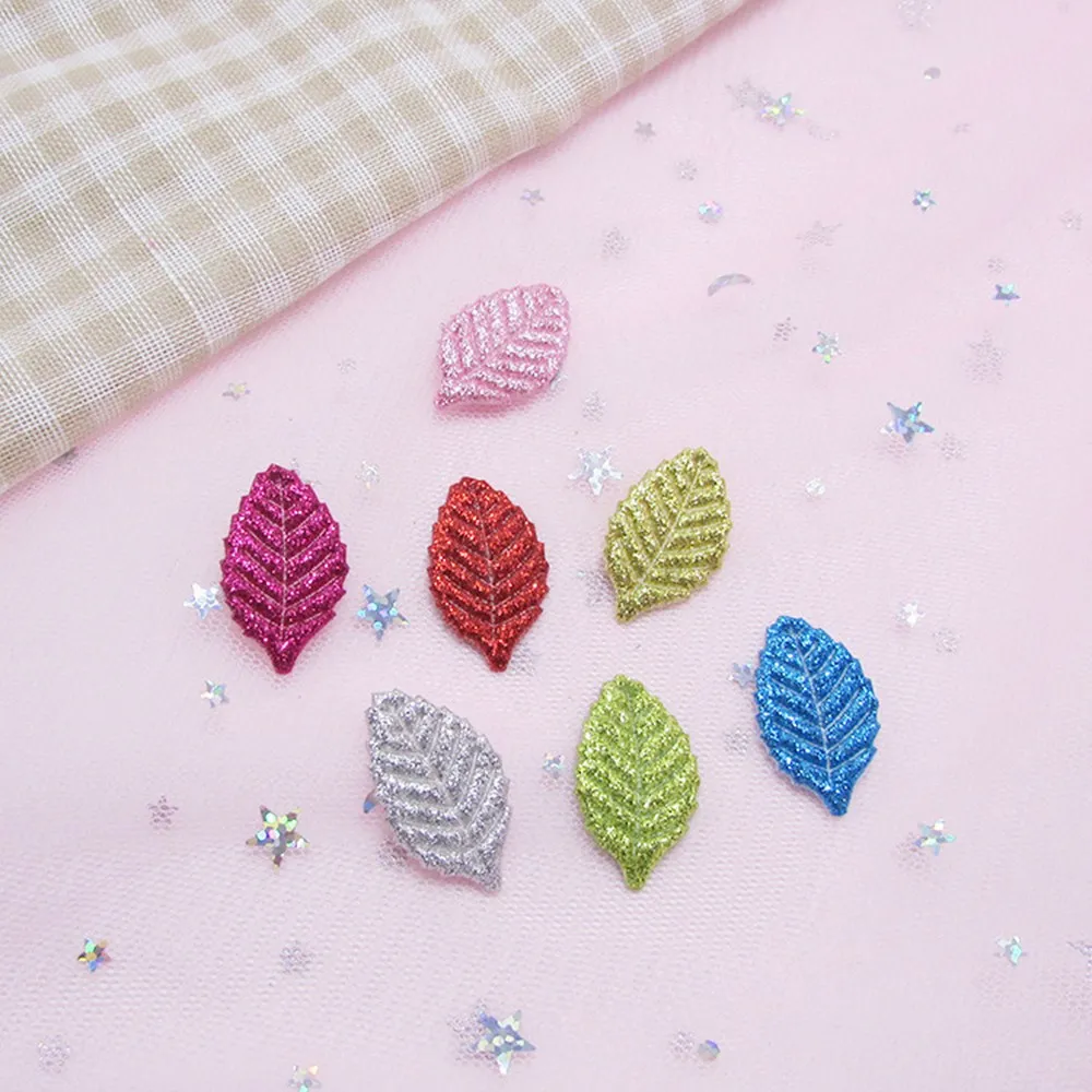 100 adet/grup Glitter Kumaş Yapay bitki yaprak Aplikler konfeksiyon yamaları ayakkabı DIY Headwere Aksesuarı