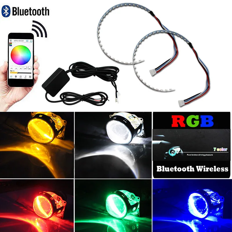 

Диагональ 1 комплект, Bluetooth-управление, RGB-светодиод, демонический глаз, кольцо ореола для фар, объектив проектора