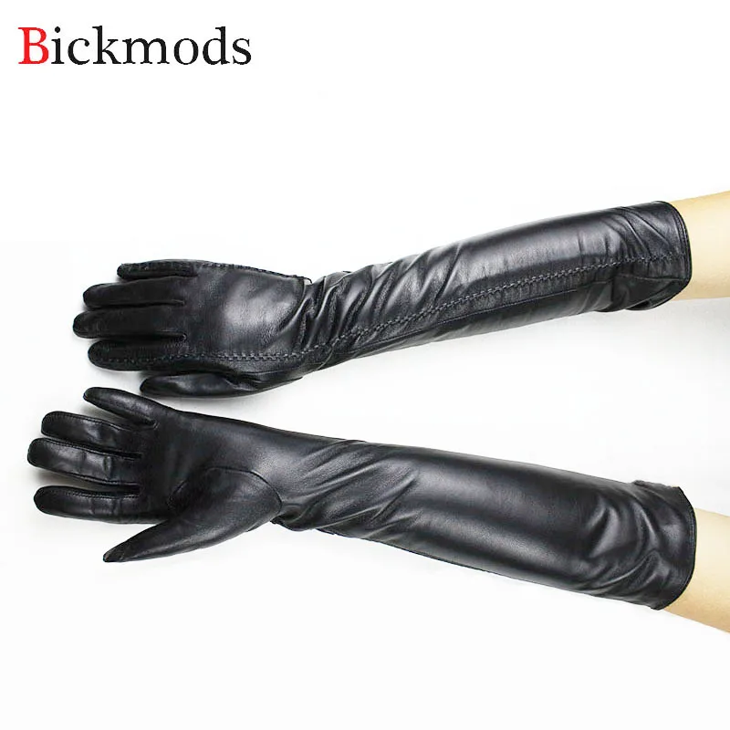 Fashion Long Leather Gloves Women\'s Sheepskin Black Velvet Lining Autumn and Winter Warm Gloves Free Shipping