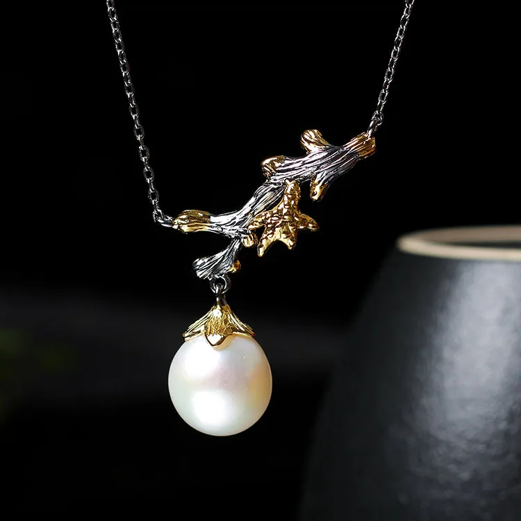 

Jewelry Wholesale Creative Retro Thai Silver Branch Pendant S925 Sterling Silver Pearl Necklace Female Jewelry