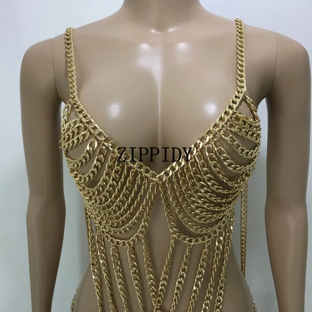 Sexy  Nightclub Dance Women's Costume Gold Chains Outfit Design Party Female Singer Dancer Stage Performance Show Wear