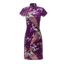 Sexy Slim Summer Ladies Short Cheongsam Large Size Chinese Style Dress Rayon Print Floral Stage Show Qipao 3XL 4XL 5XL 6XL