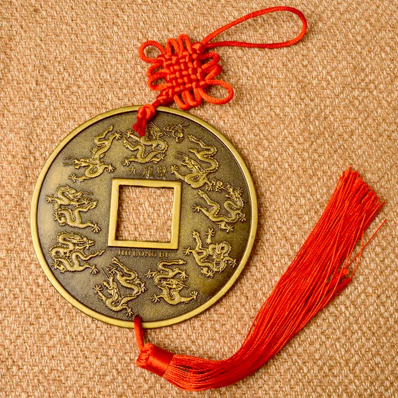 Chinese knot Vintage Lucky Wealth Fortune Fengshui Qing Copper Coins  Amulet of Good Luck Metal Pendant Home Decoration Art 10cm