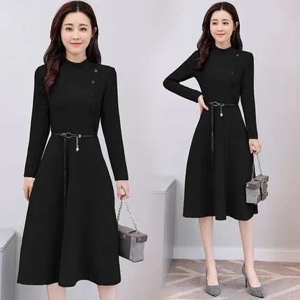 Spring and Autumn Women's new Korean version of the long section of high waist dress temperament long-sleeved A-shaped dress