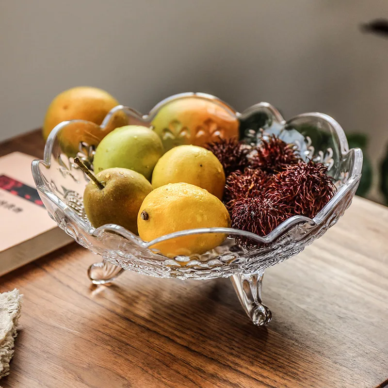 European Household High Foot Glass Fruit Pan Creative Fruit Collage Modern Glass Candy Pan Living Room Large Plate