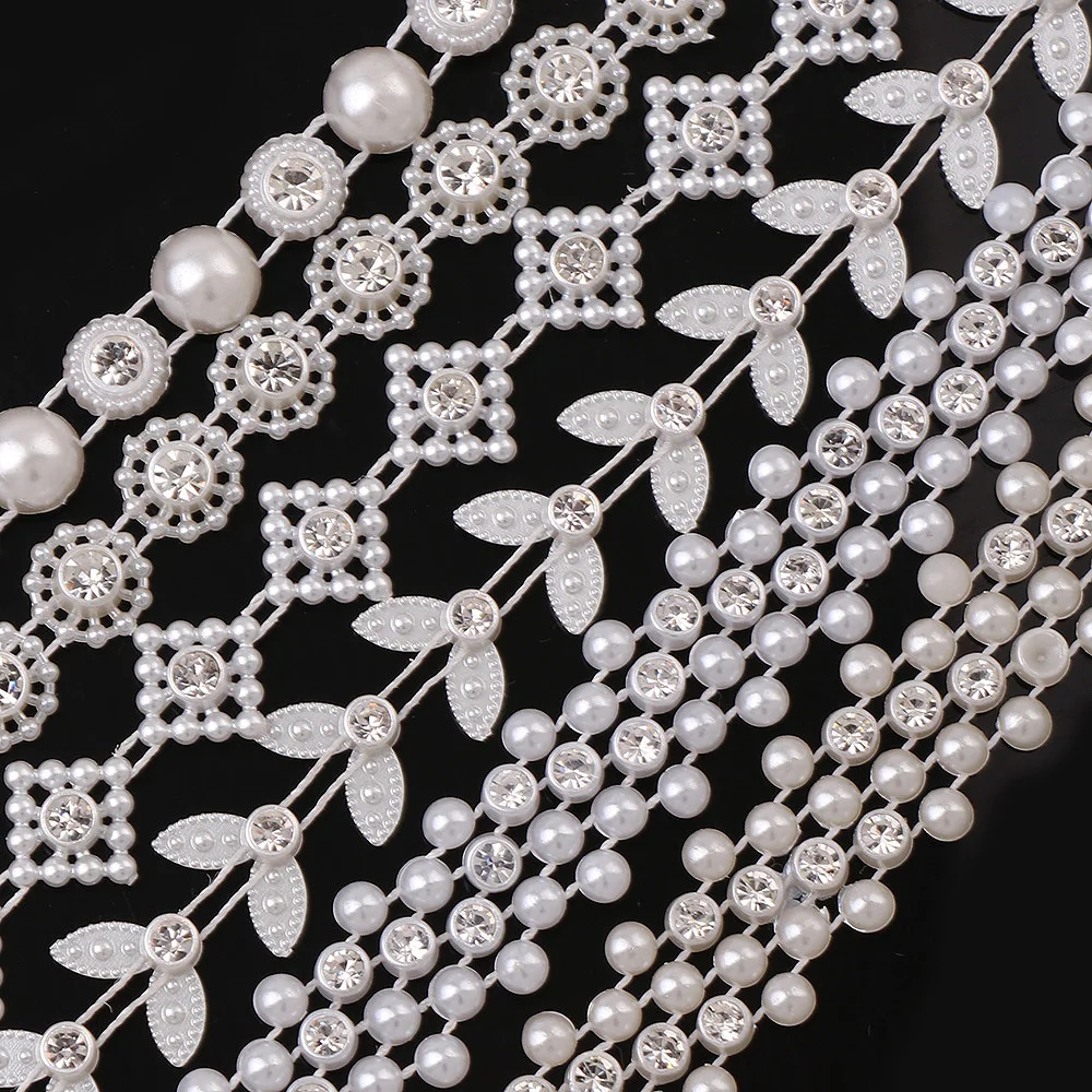 1 Yard Half Round ABS Pearl Rhinestone Chain Trim Bridal Beaded Appliques Garment Chain Fashion Women Wedding Dress Crafts