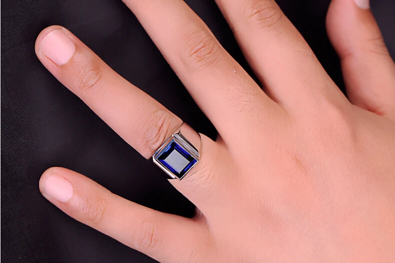 Handmade male ring 925 Sterling silver Big 8ct Blue AAAAA Zircon cz Statement Wedding Band Rings for men Finger Party Jewelry
