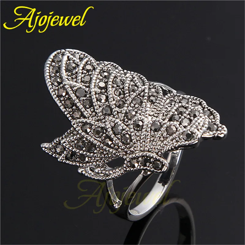 Ajojewel Big Vintage Butterfly Ring Marcasite Jewelry Rings For Women Retro Accessories