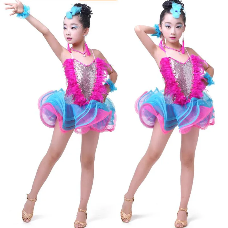 Girls Jazz dancewear costume Kids Modern Latin Sequined Ballroom Party Dancing Dress Child Dancing tutu dress clothes For Girls