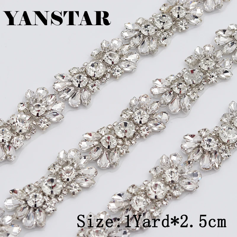 YANSTAR 2.5CM*5Yards Rhinestones Appliques Iron On Wedding Dress Crystal Rhinestones Appliques trim for Wedding Decoration YS975