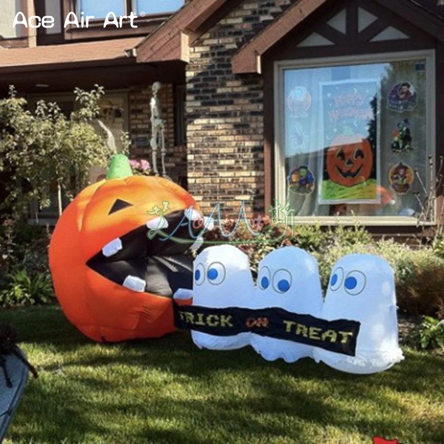 Nicely Article Inflatable Pacmen Pumpkin Shape with Banners for Halloween Yard Decoration