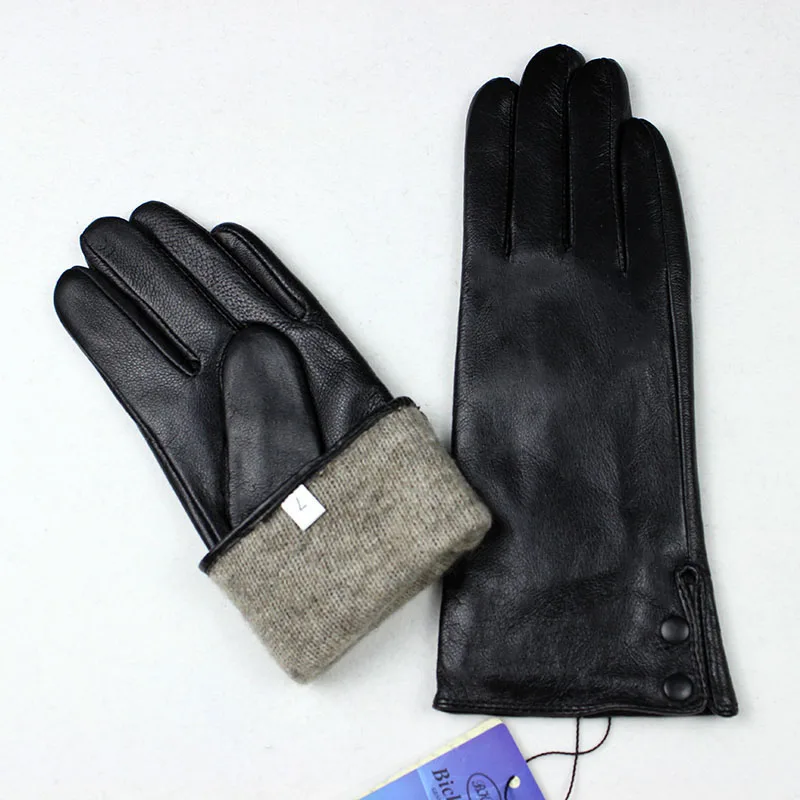 Winter Warm Leather Gloves Women Fashion Button Style Thin Wool Autumn Thick Velvet Lining Outdoor Cycling Gloves