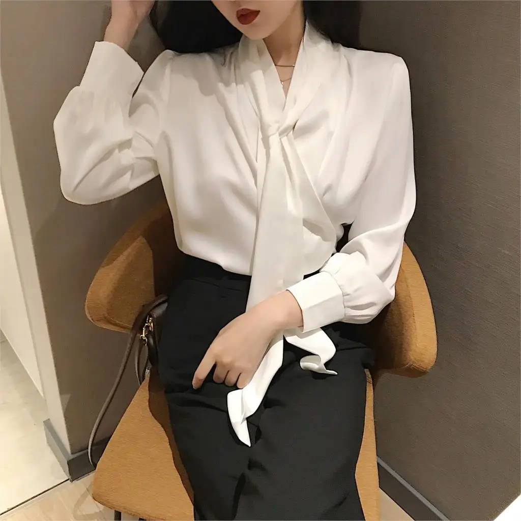 Women Faux Silk OL Shirt Belt Waist Tie Bowtie V Neck Satin Blouses Elegant Cardigan Long-sleeved Stitching Tops Wine Red Sale