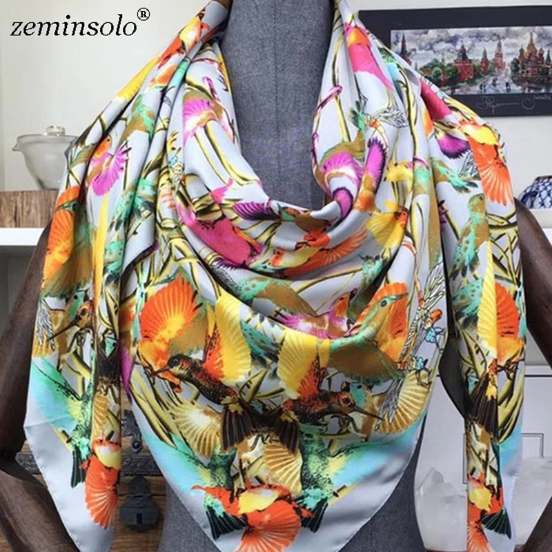 130*130cm New Luxury Brand Scarf Bandana Shawls Printed Bird Women 100% Twill Silk Scarf Square Scarves Hijab Headband