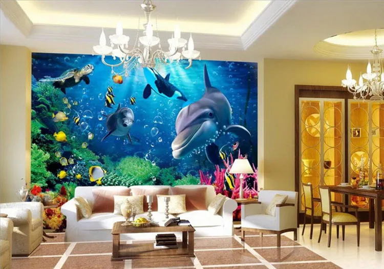 Custom warm bedroom wedding room living room TV background wallpaper 3D underwater world Dolphin decorative painting