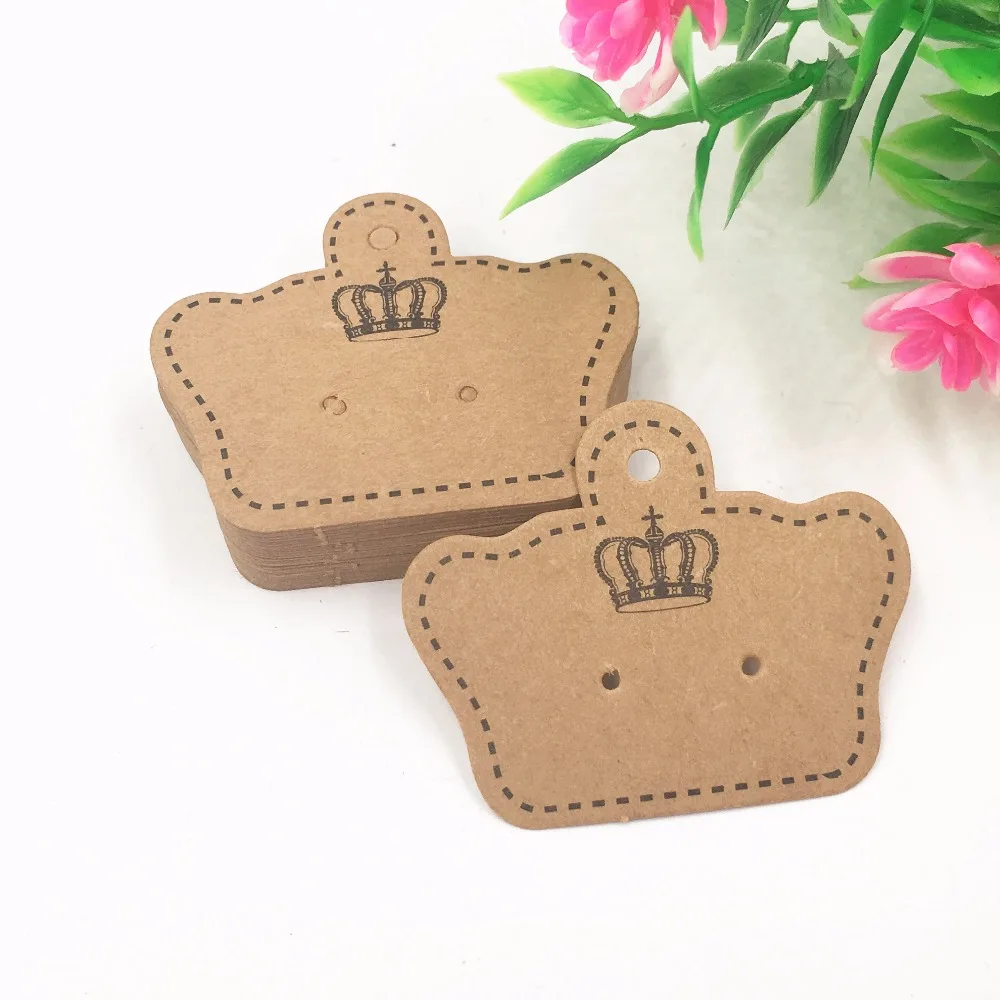 200pcs Crown Printed Kraft Paper Ear Studs Jewelry Display Card Earring Kraft Paper Tag Ear Ring Paper Hang Price Tags