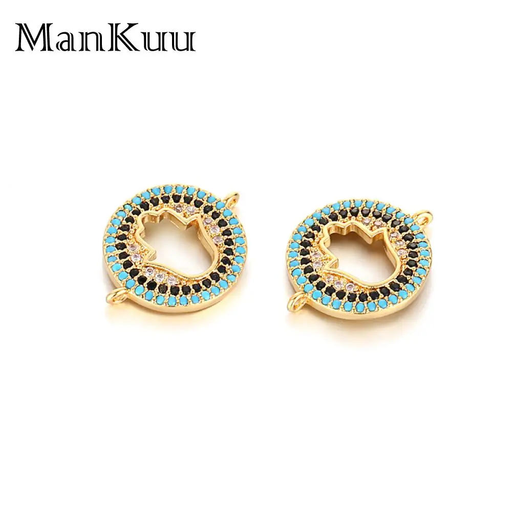 Mankuu Cubic Zircon Hamsa Hand Connectors Gold Plating Hollow Round Black Blue Rhinestone Connectors Charms For Jewelry Making