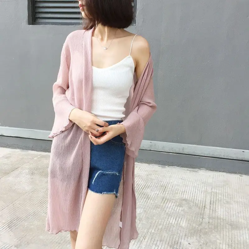 Musim panas blus wanita clothing mencegah berjemur di kasual chiffon flare lengan panjang blouse cardigan blouse kemeja putih pink abu-abu