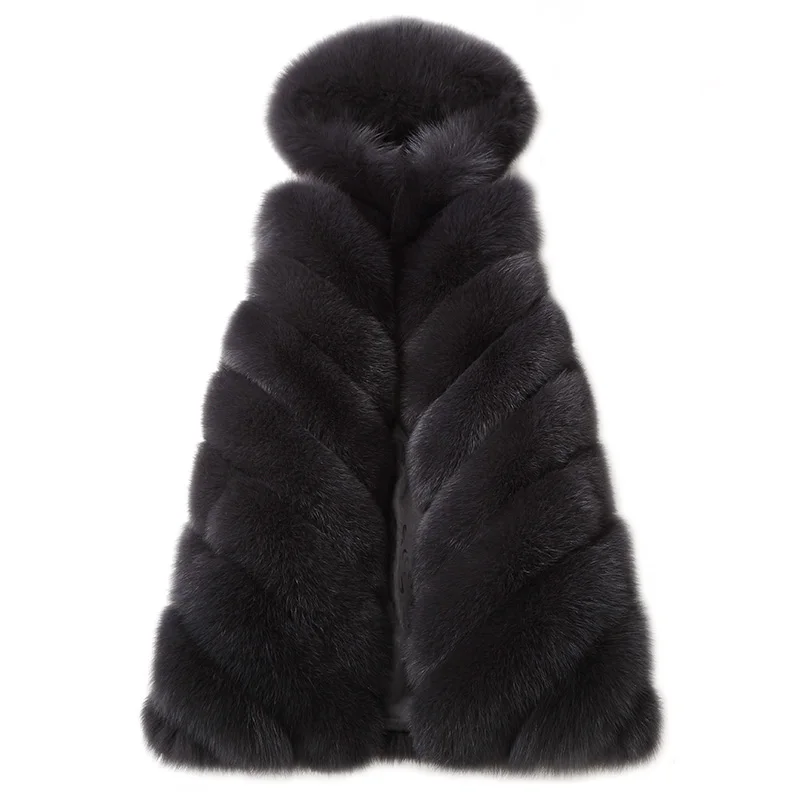 

Lady Real Fox Fur Vest Waistcoat With Hoody Autumn Winter Genuine Women Gilet Slim Warm Outerwear Coats LF4263