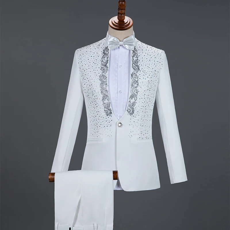 Men's White Wedding Groom Suits Shiny Rhinestones Slim Fit One Button Tuxedo Blazer Pants Singer Host Stage Costume 2 Pieces Set