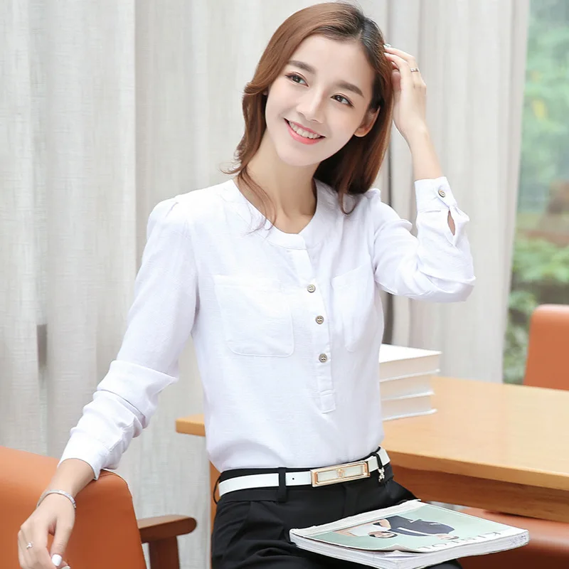 Phụ Nữ Áo Kiểu Thời Trang Tay Dài Cổ Tròn Công Sở Áo Sơ Mi Lanh Áo Áo Khoác Áo Blusas Mi