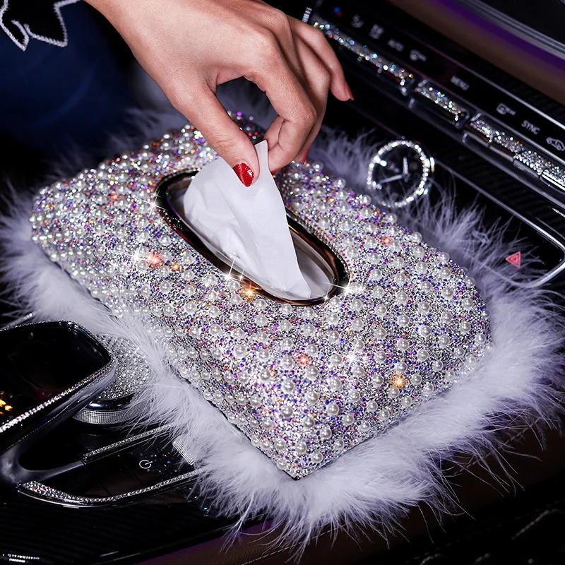 Luxury Pearls Car Tissue Box Crystal Diamond Block type Tissue Boxes Holder for Women Paper Towel Cover Case Car Styling