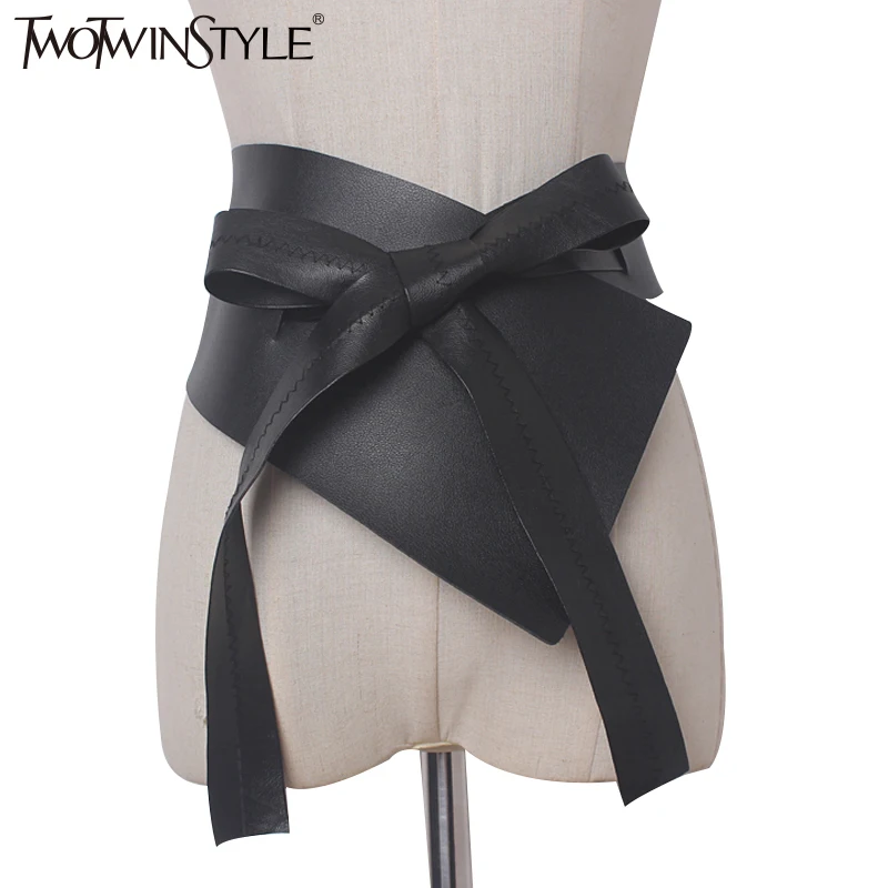 

TWOTWINSTYLE 2020 Irregular Lace Up Bow Female Belts Made of Genuine PU Leather Black Women Belt Clothing Accessories Fashion