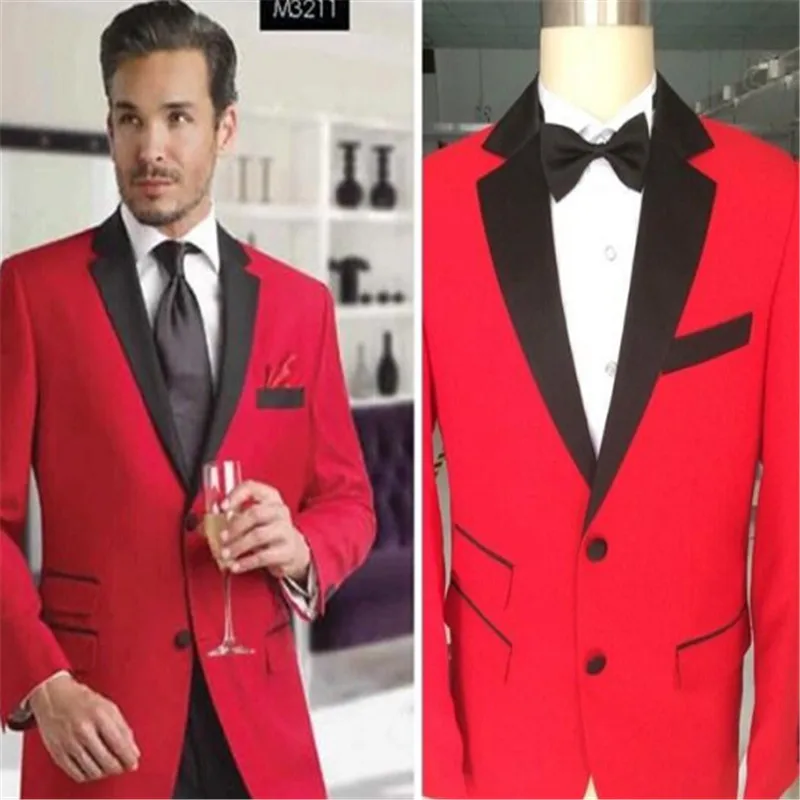 

Custom Made Best Selling Red Tuxedo Jacket Black Shawl Lapel Black Pants,Bespoke Groom Tuxedos, Wedding/Business Suits For Men