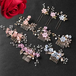 1Pc Fashion Luxury Blue Flower Hair Combs Headdress Prom Bridal Wedding Hair Accessories Gold Leaves Hair Jewelry Hair Pins