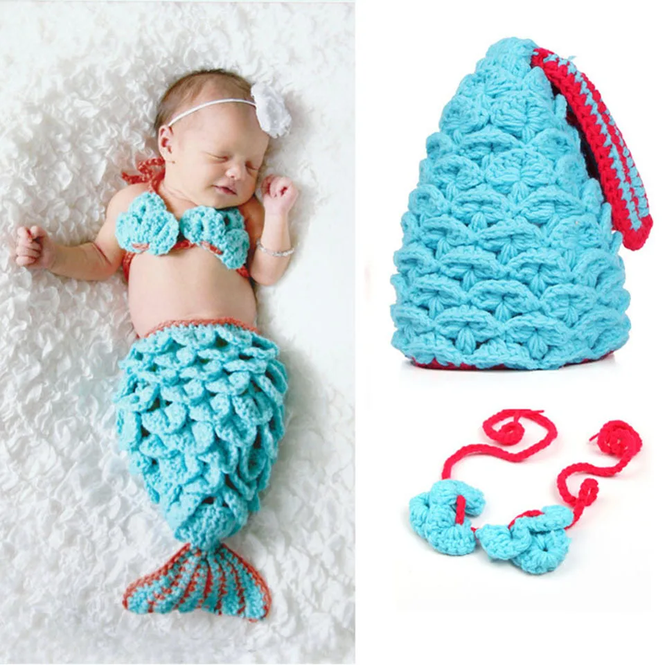 Cute Baby Girl Clothes Mermaid Photography Props Newborn Receiving Blankets Wool Crochet Bikini Sleeping Bag Knitting Swaddling