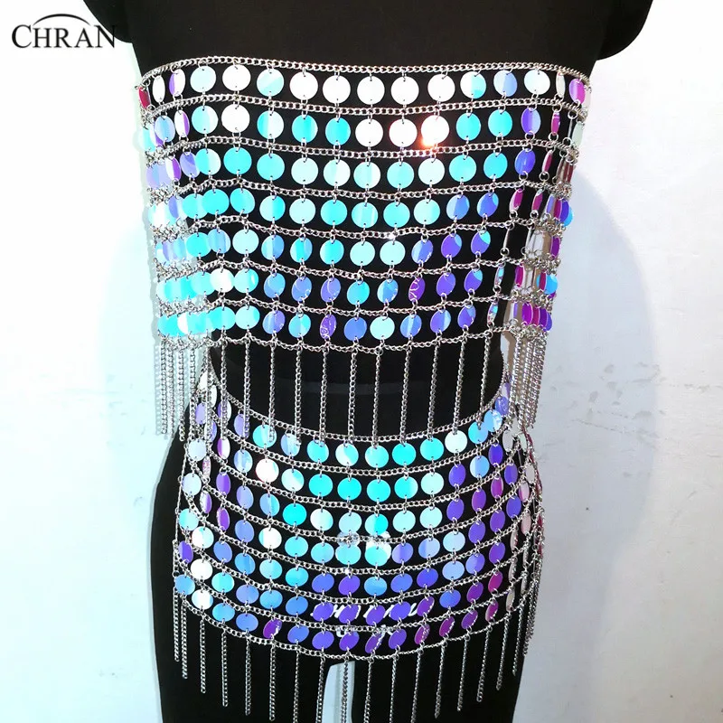 Chran Sexy Sparkly Skirt Summer Mermaid Crop Tops Statement Necklaces Tub Bra Bikini Wear Sequin Womens Jewelry Accessories