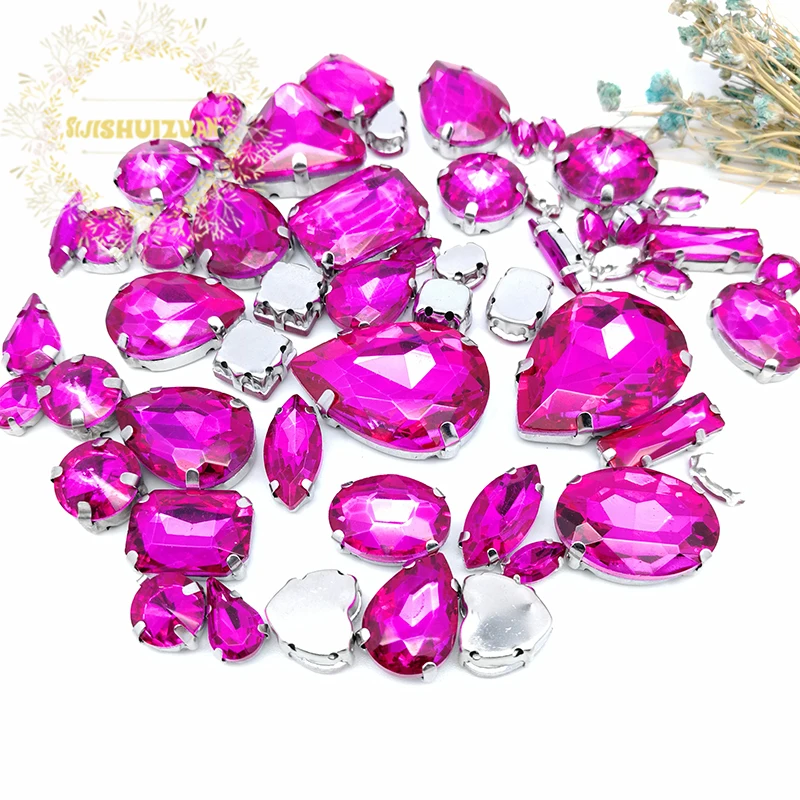 58pcs 10shapes 25sizes Mix Rose red shape and sizes Glass Crystal rhinestones silvery bottom DIY Clothing accessories