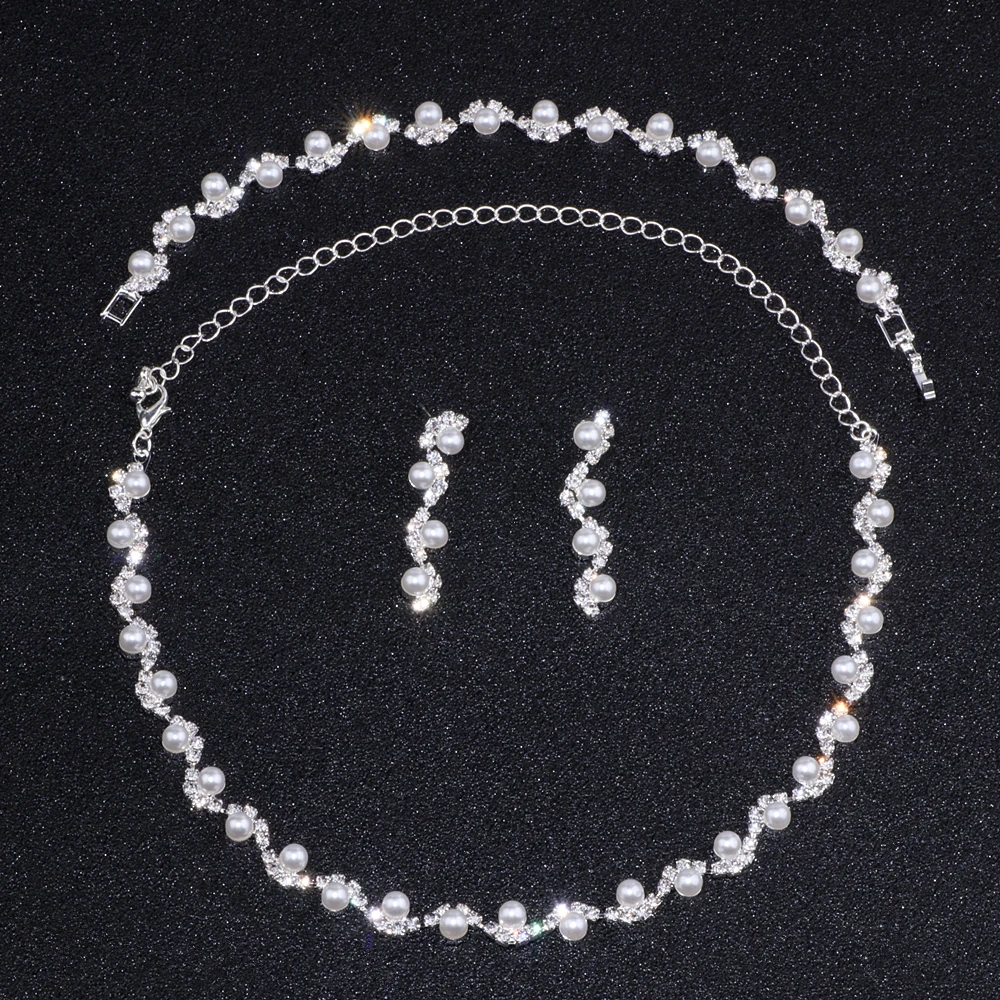 Newest Simulated Pearl Bride Wedding Jewelry Sets Elegant Crystal Necklace Earrings Bracelets Sets Women Party Accessories WX040