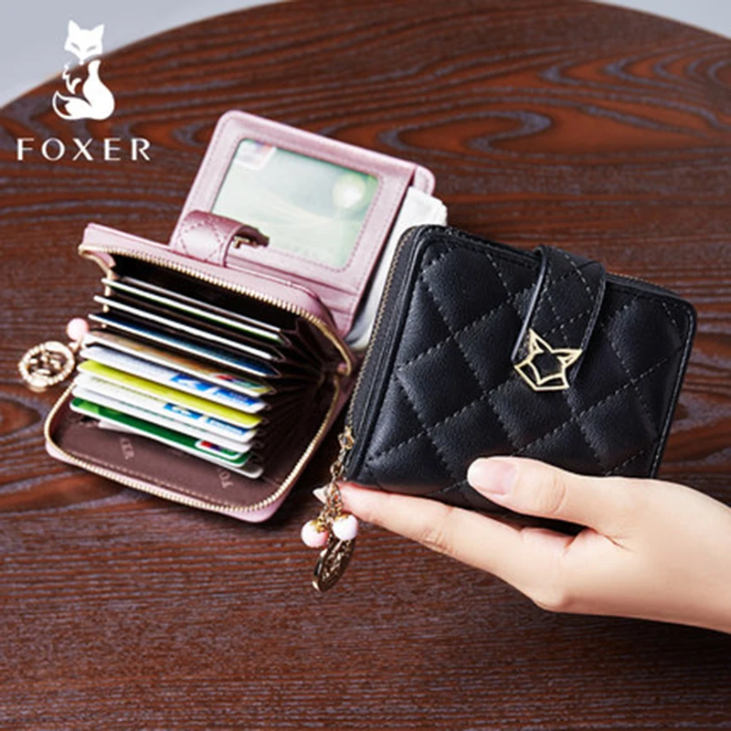 FOXER Brand Women Split Leather Short Wallet High Quality Multi-function Card Holder Girl\'s Fashion Plaid Zipper Mini Coin Purse