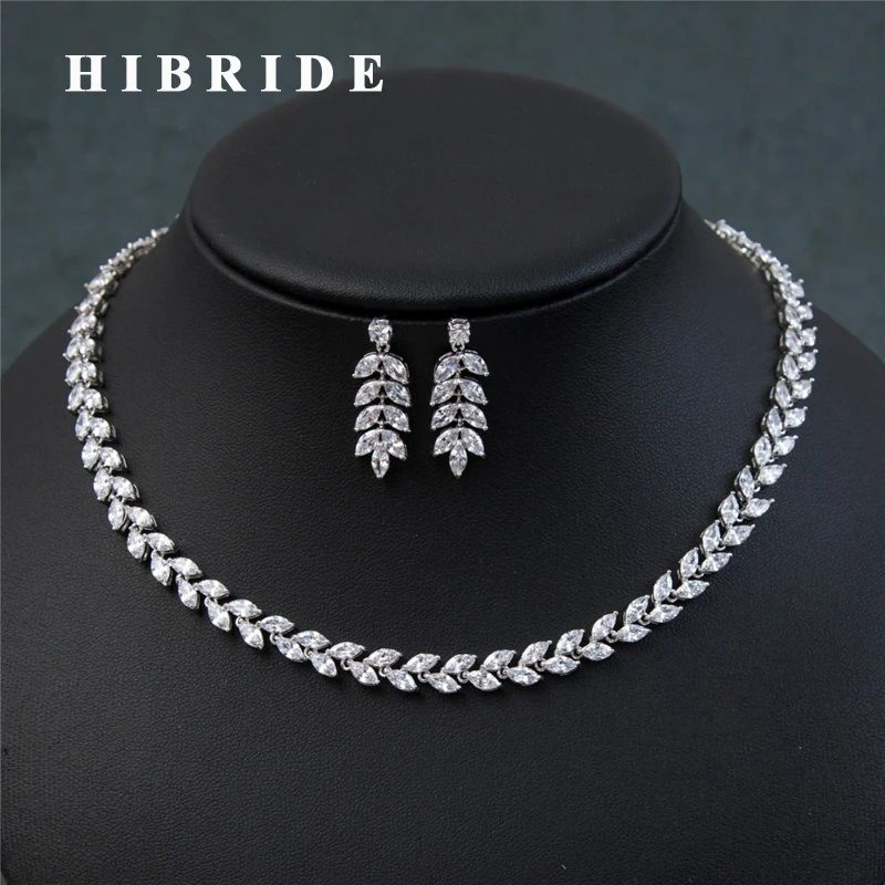 

HIBRIDE 2017 Hot Leaf Shape AAA Cubic Zircon Women Bridal Jewelry Sets Elegant Female Necklace Earring Set N-213