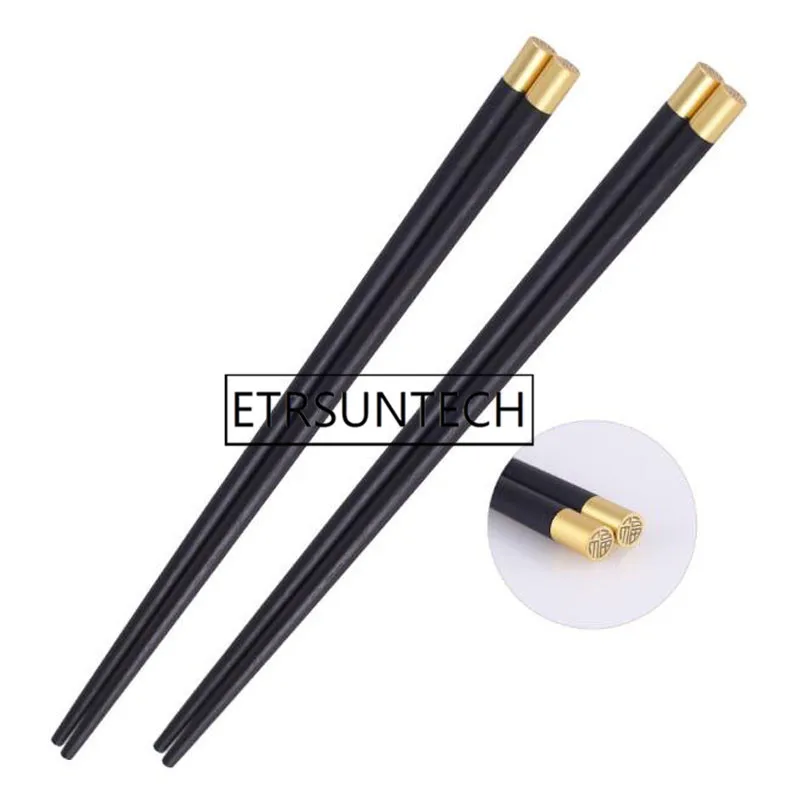 50pairs Creative Ebony Rosewood Gilded Round Chopsticks Reusable Chinese Classic Wood Chopsticks Sushi Non-slip