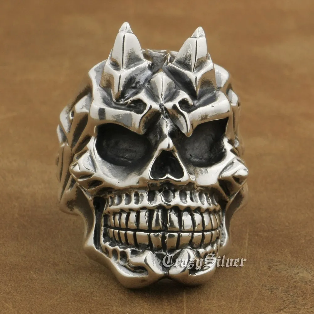 

LINSION 925 Sterling Silver Devil Horn Skull Ring Mens Biker Punk Ring TA13 US Size 7~15